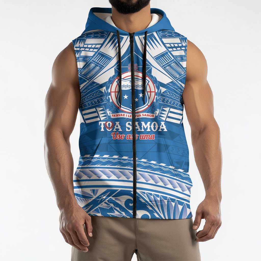 Toa Samoa Rugby Custom Sleeveless Zip Hoodie Uso aso uma Samoan Pattern Blue LT14 - Polynesian Pride