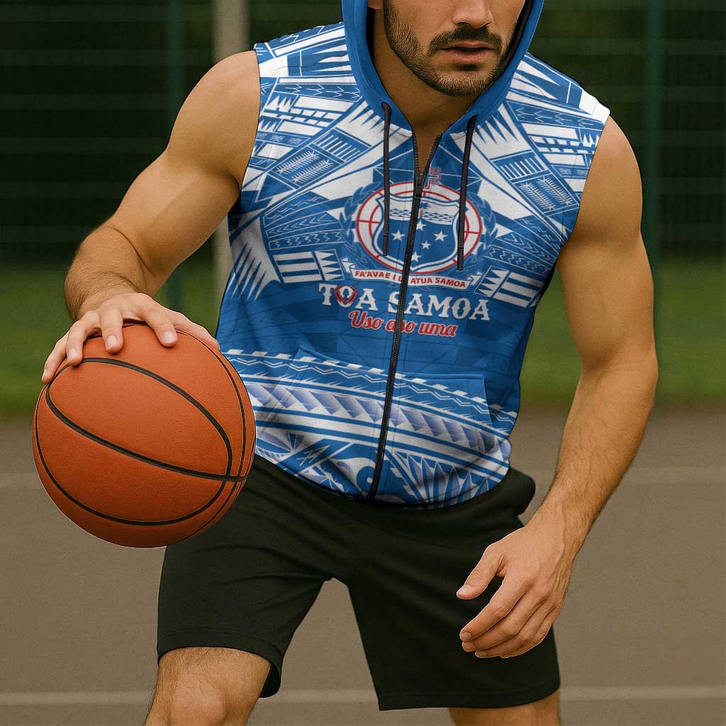 Toa Samoa Rugby Custom Sleeveless Zip Hoodie Uso aso uma Samoan Pattern Blue LT14 - Polynesian Pride