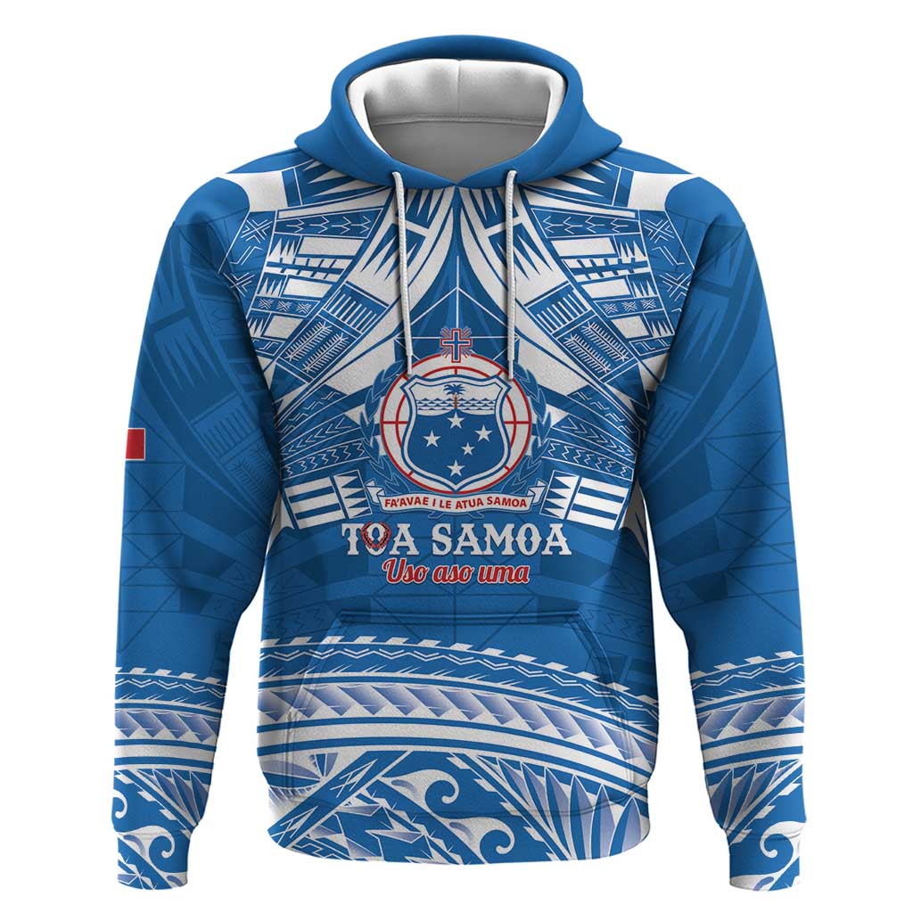 Toa Samoa Rugby Custom Zip Hoodie Uso aso uma Samoan Pattern Blue LT14 Pullover Hoodie Blue - Polynesian Pride