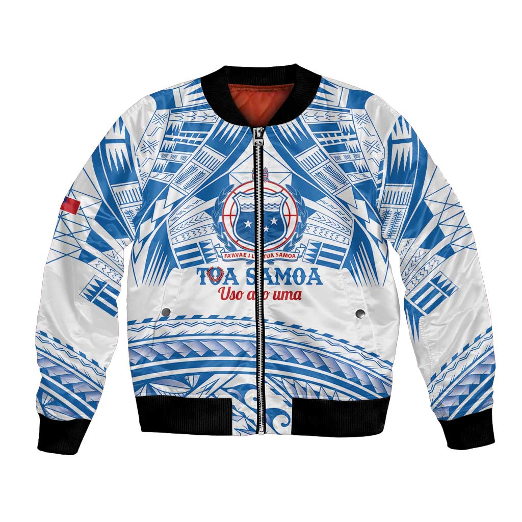 Toa Samoa Rugby Custom Bomber Jacket Uso aso uma Samoan Pattern White LT14 Unisex White - Polynesian Pride
