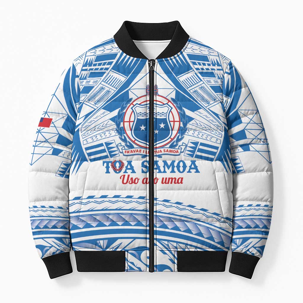 Toa Samoa Rugby Custom Bomber Puffer Jacket Uso aso uma Samoan Pattern White LT14 Unisex White - Polynesian Pride
