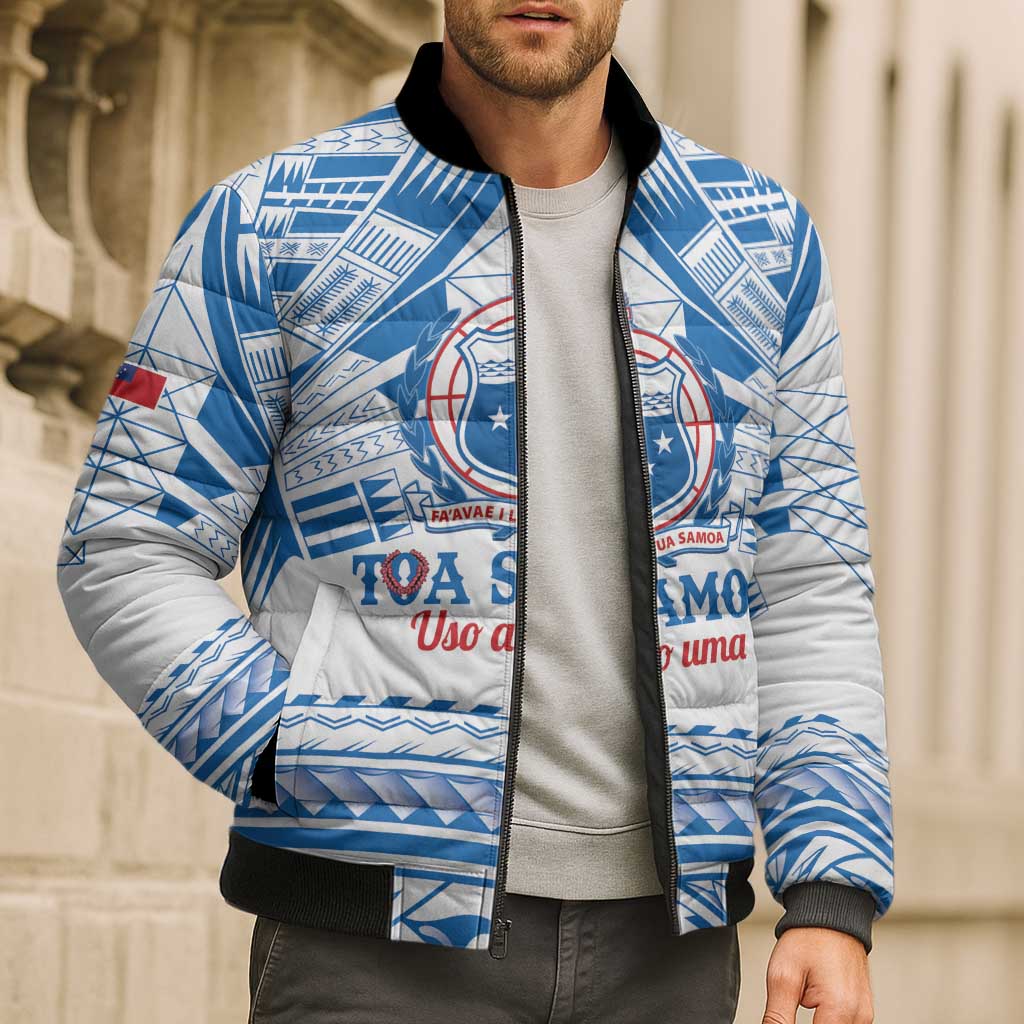 Toa Samoa Rugby Custom Bomber Puffer Jacket Uso aso uma Samoan Pattern White LT14 - Polynesian Pride