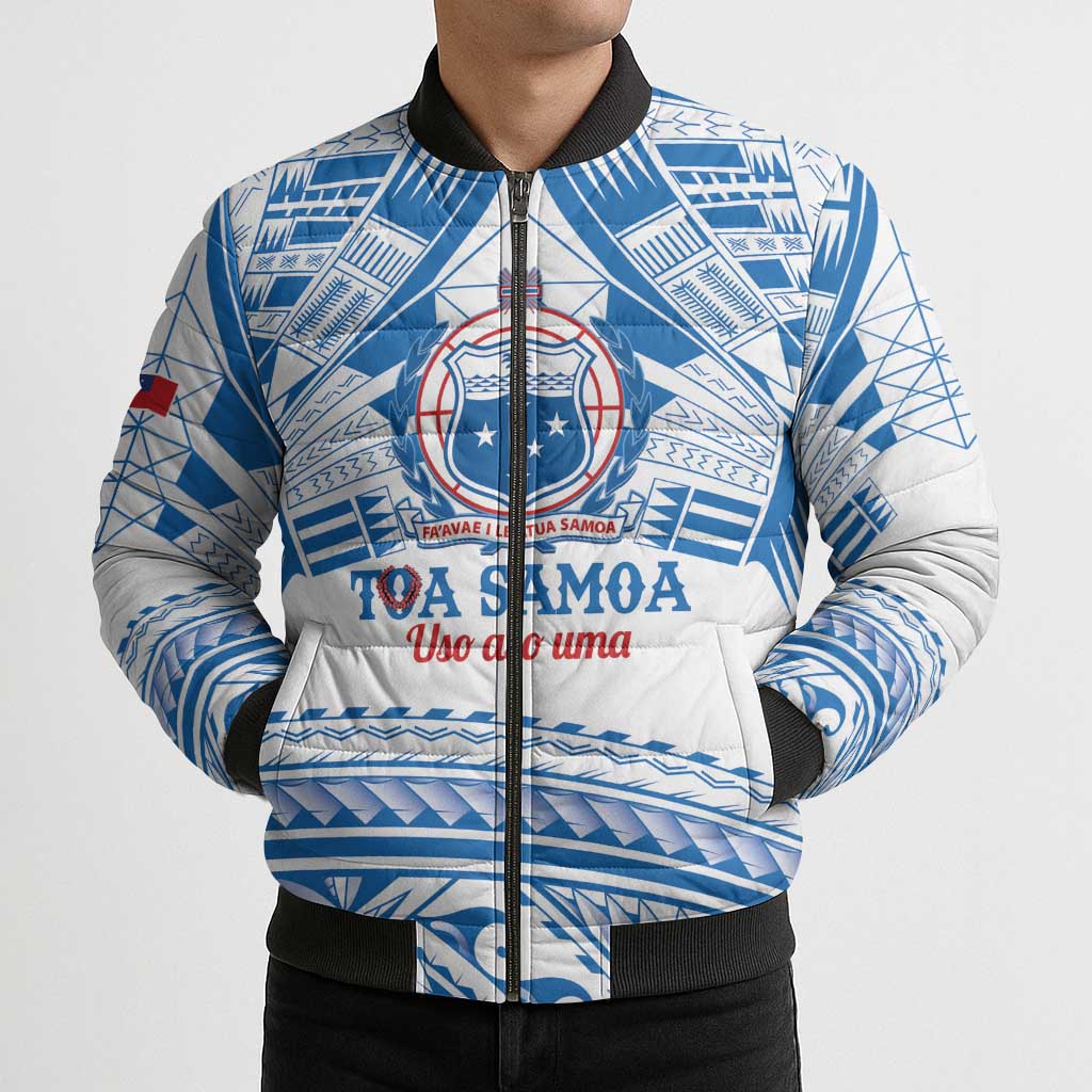 Toa Samoa Rugby Custom Bomber Puffer Jacket Uso aso uma Samoan Pattern White LT14 - Polynesian Pride