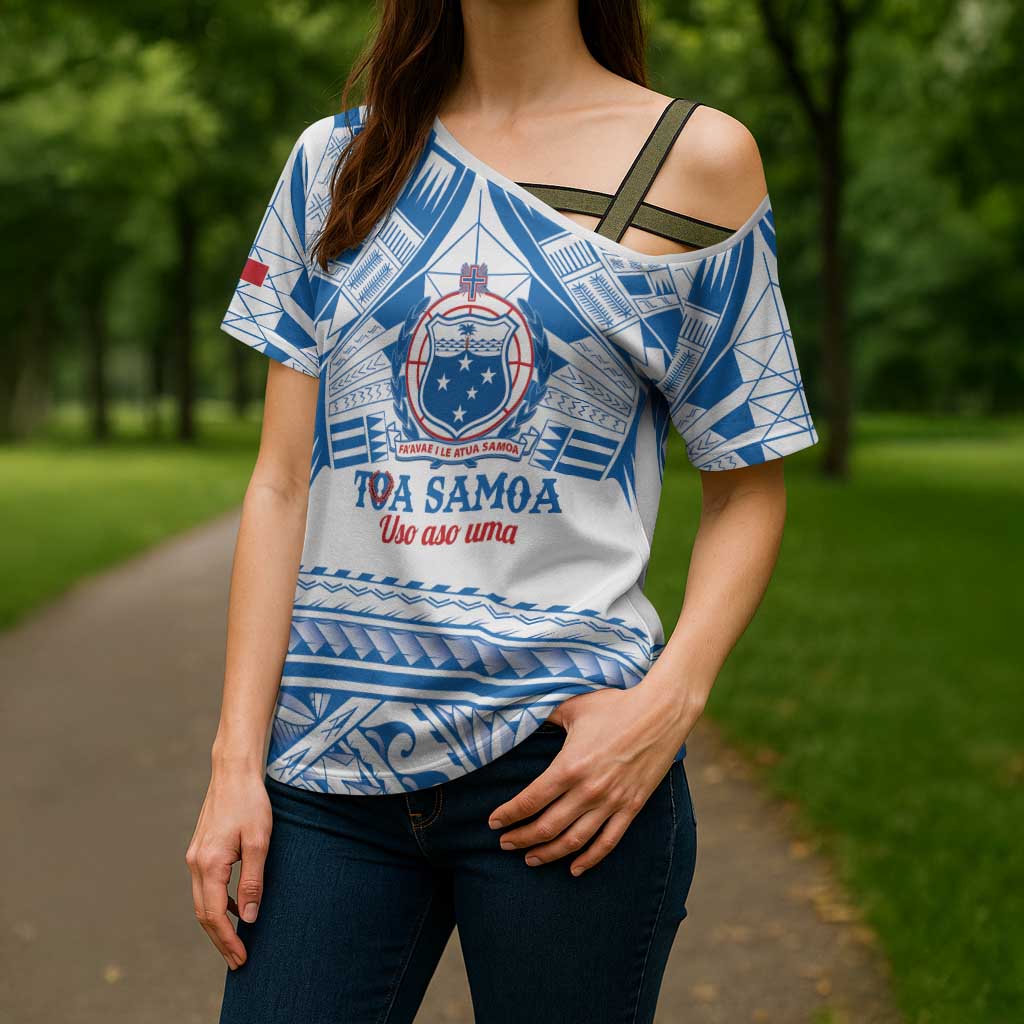 Toa Samoa Rugby Custom Cross Shoulder Shirt Uso aso uma Samoan Pattern White LT14 - Polynesian Pride
