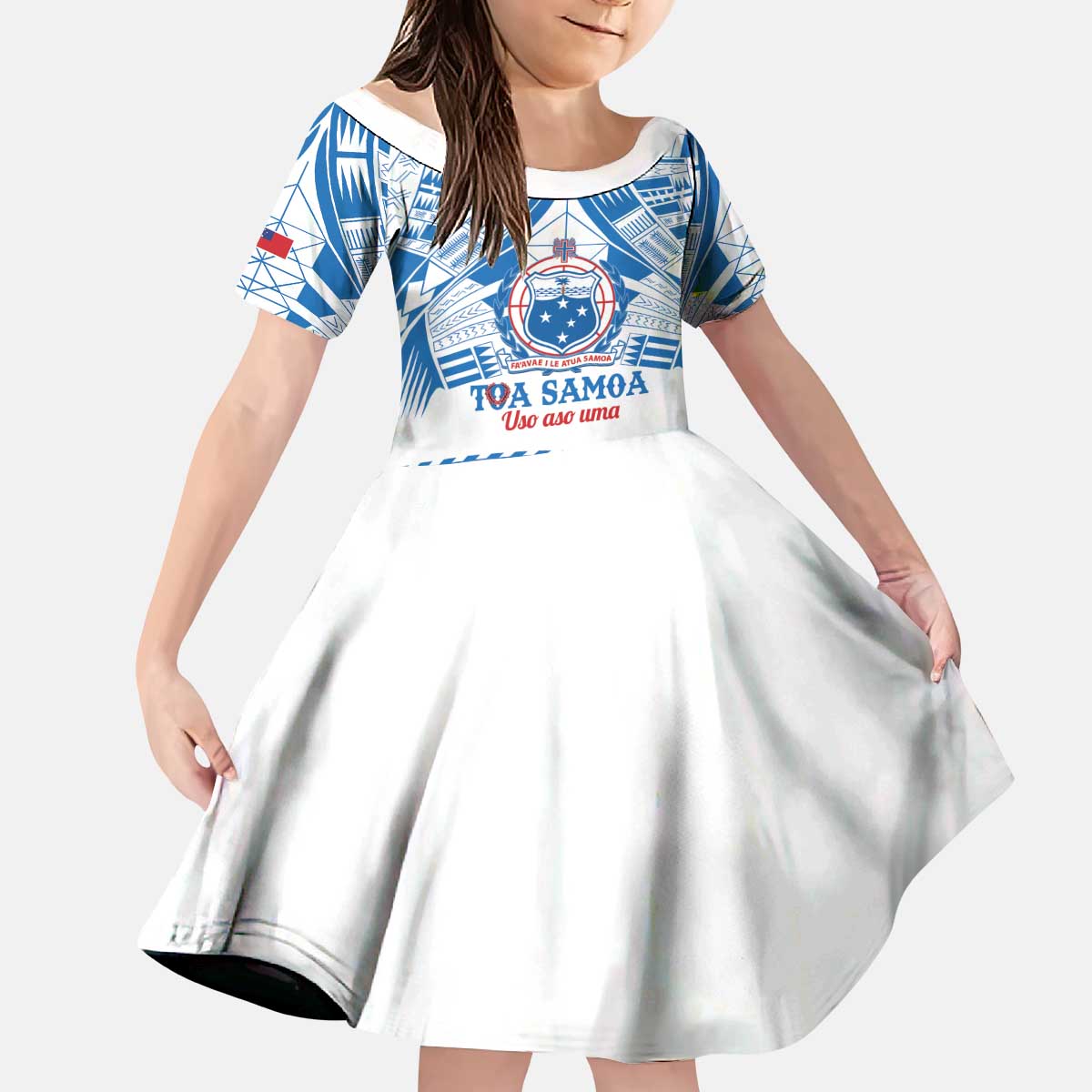 Toa Samoa Rugby Custom Kid Short Sleeve Dress Uso aso uma Samoan Pattern White LT14 KID White - Polynesian Pride