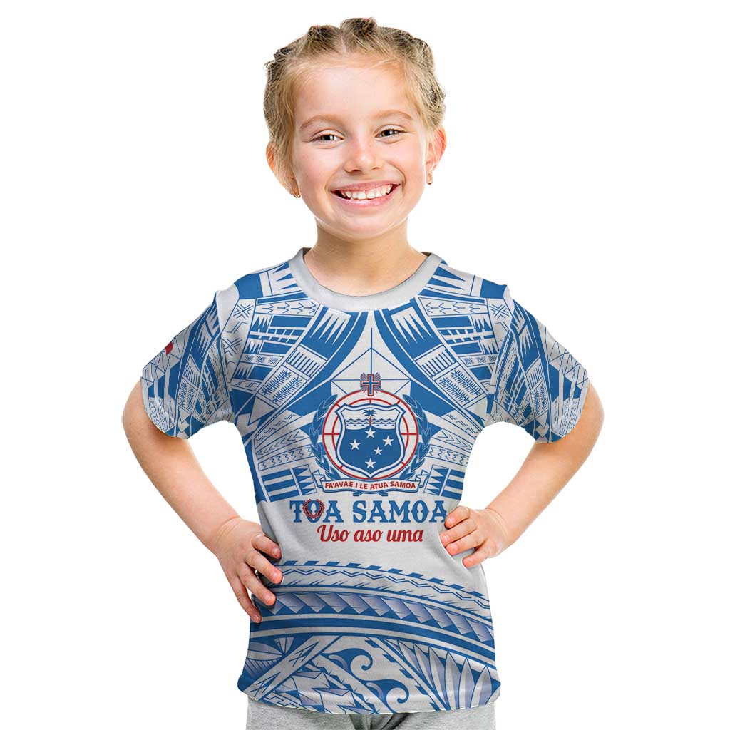 Toa Samoa Rugby Custom Kid T Shirt Uso aso uma Samoan Pattern White LT14 White - Polynesian Pride