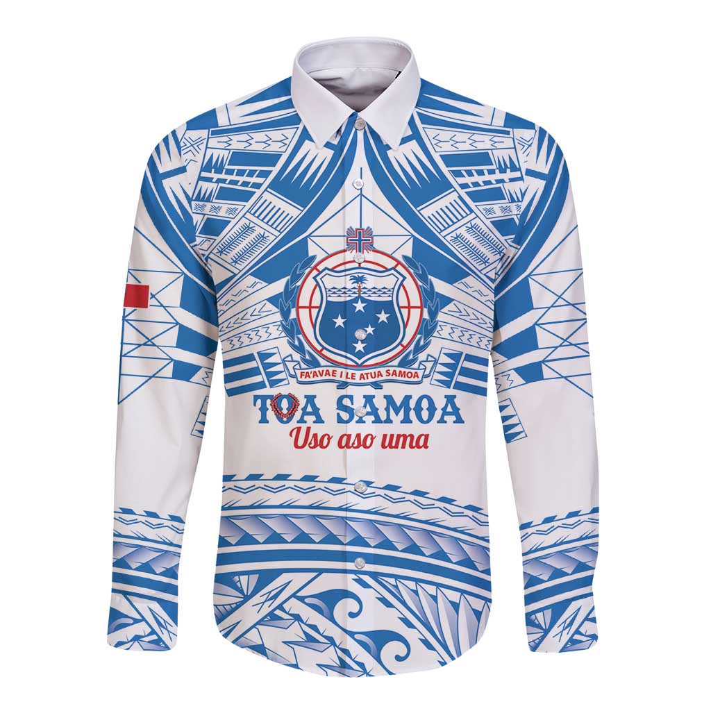Toa Samoa Rugby Custom Long Sleeve Button Shirt Uso aso uma Samoan Pattern White LT14 Unisex White - Polynesian Pride