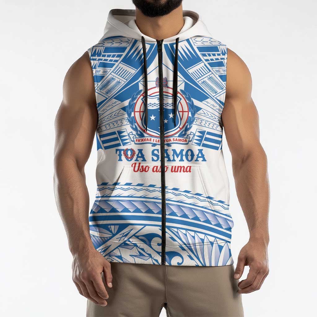 Toa Samoa Rugby Custom Sleeveless Zip Hoodie Uso aso uma Samoan Pattern White LT14 - Polynesian Pride
