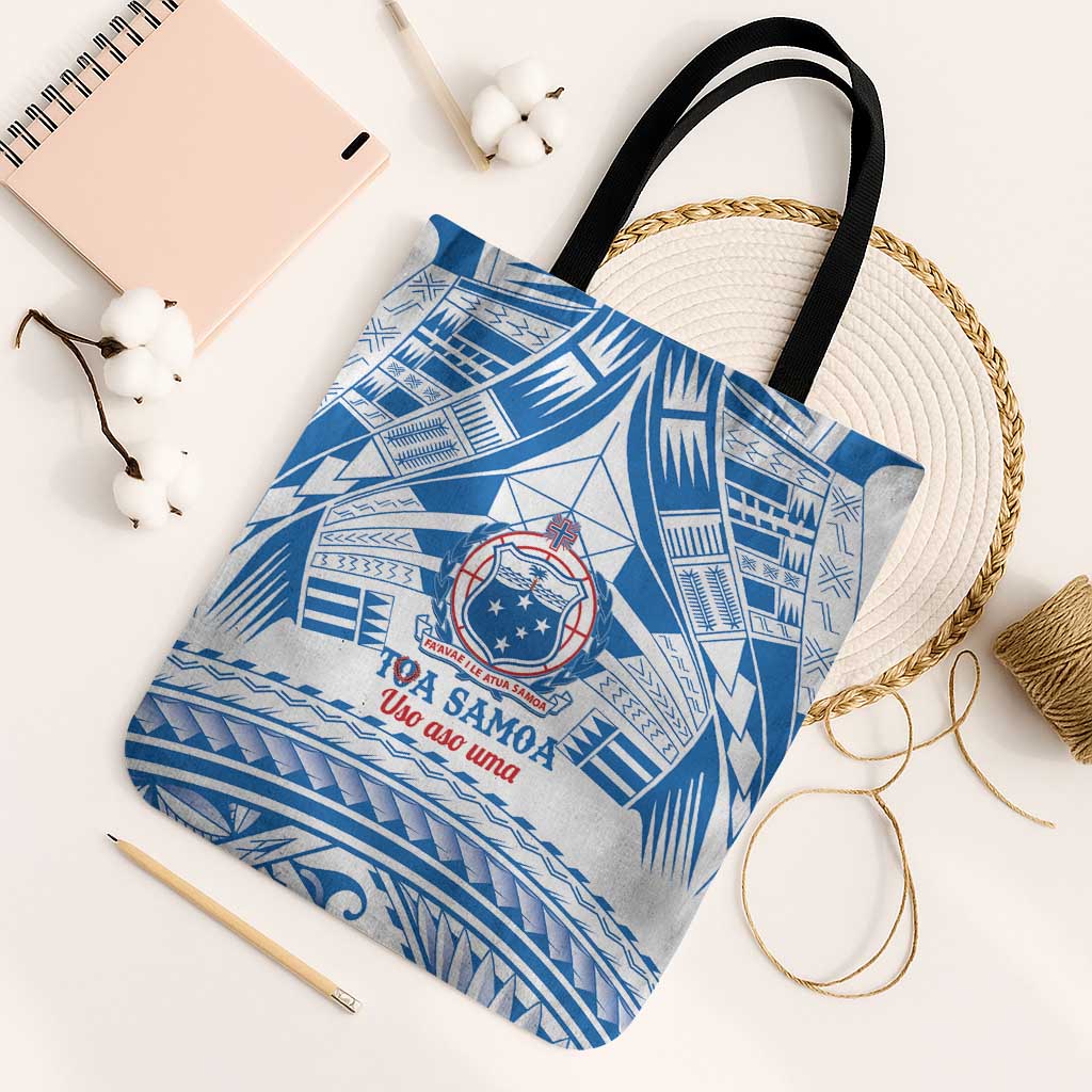 Toa Samoa Rugby Custom Tote Bag Uso aso uma Samoan Pattern White LT14 Black Strap One Size White - Polynesian Pride