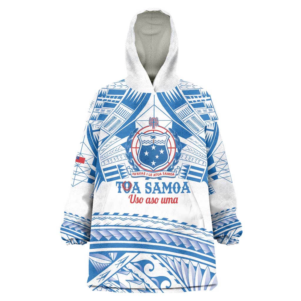 Toa Samoa Rugby Custom Wearable Blanket Hoodie Uso aso uma Samoan Pattern White LT14 One Size White - Polynesian Pride