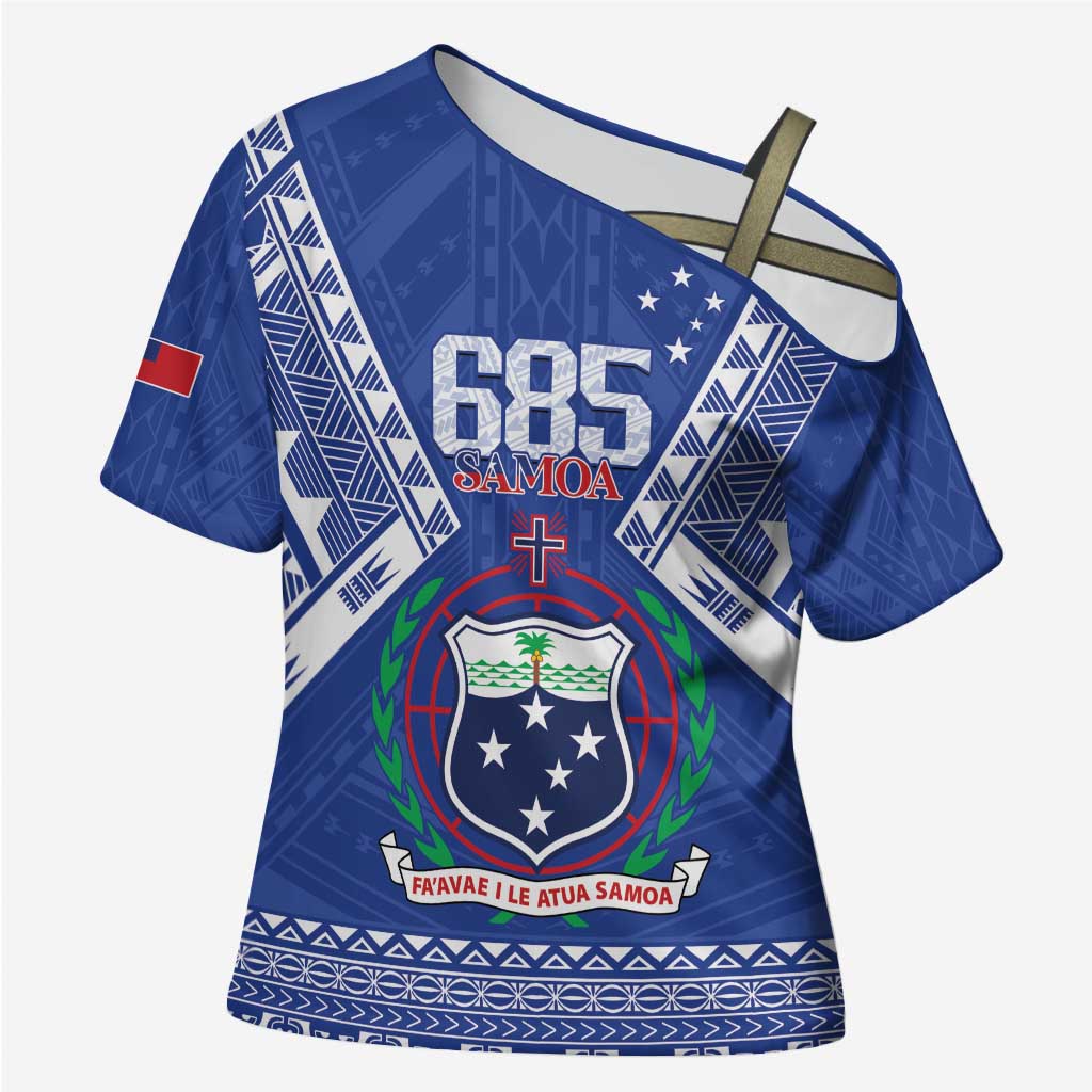 Personalised Samoa 685 Cross Shoulder Shirt Samoan Pride Coat Of Arms LT14 Female Blue - Polynesian Pride