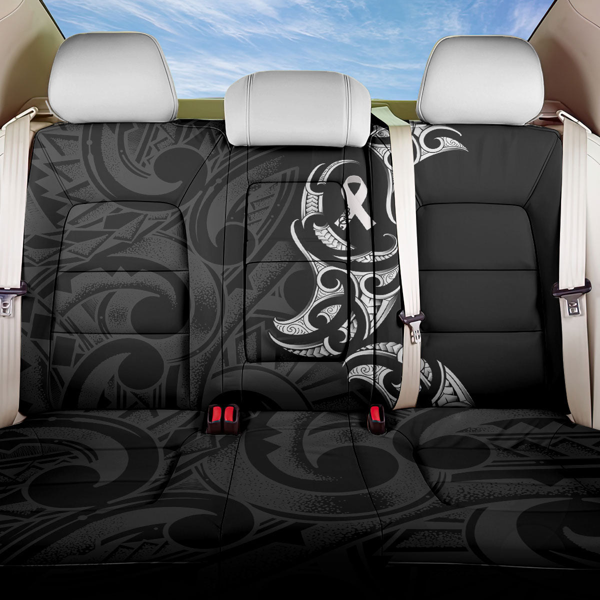 White Ribbon Day New Zealand Back Car Seat Cover Aotearoa Maori Pattern LT14 One Size Black - Polynesian Pride