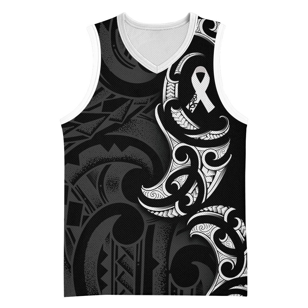 White Ribbon Day New Zealand Basketball Jersey Aotearoa Maori Pattern LT14 Unisex Black - Polynesian Pride