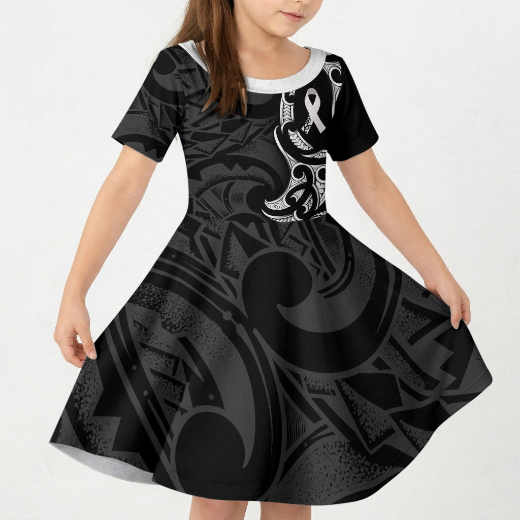 White Ribbon Day New Zealand Kid Short Sleeve Dress Aotearoa Maori Pattern LT14 KID Black - Polynesian Pride
