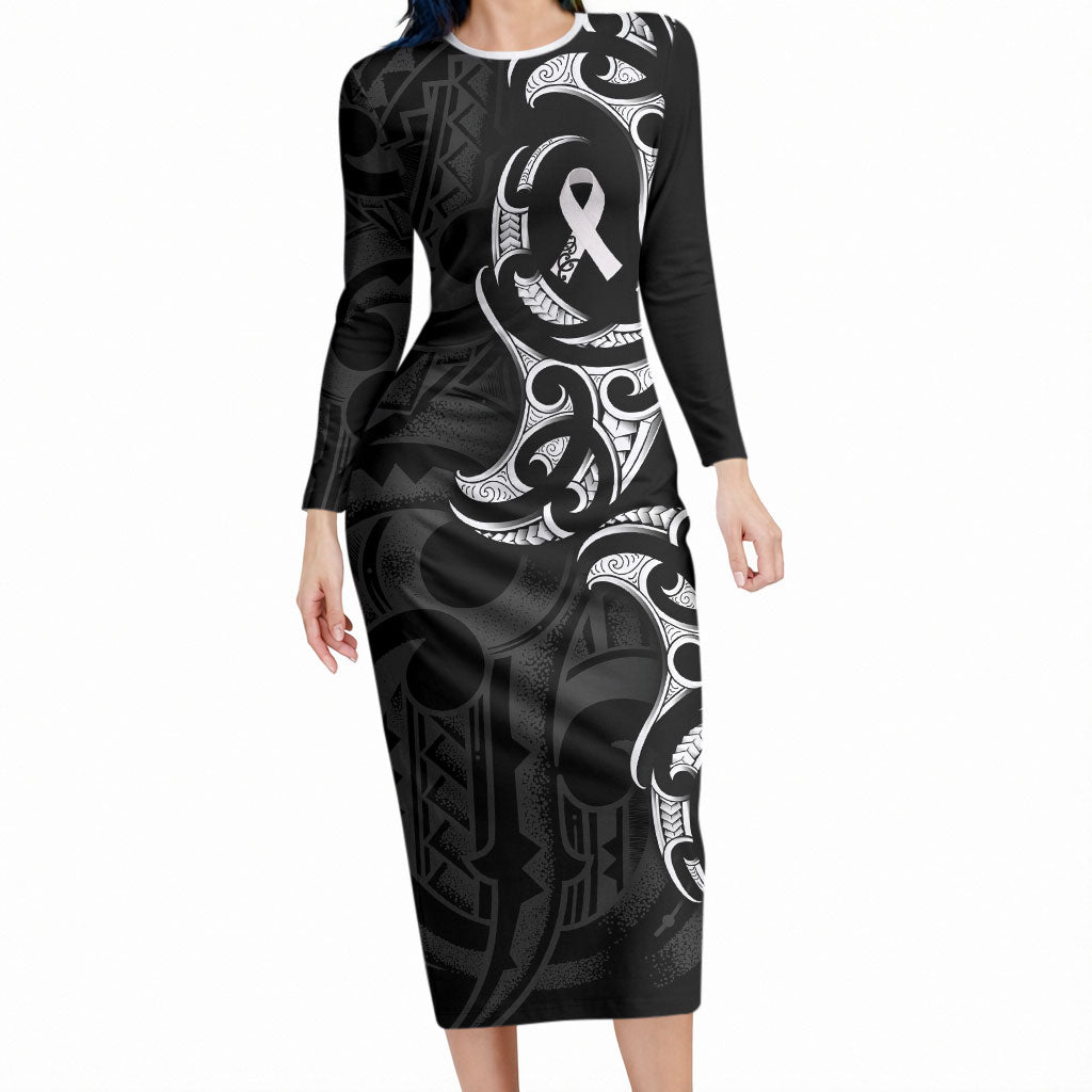 White Ribbon Day New Zealand Long Sleeve Bodycon Dress Aotearoa Maori Pattern LT14 Long Dress Black - Polynesian Pride