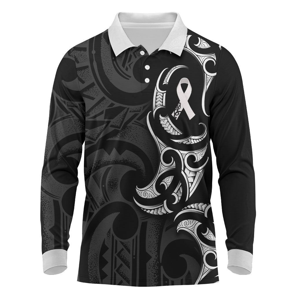 White Ribbon Day New Zealand Long Sleeve Polo Shirt Aotearoa Maori Pattern LT14 Black - Polynesian Pride