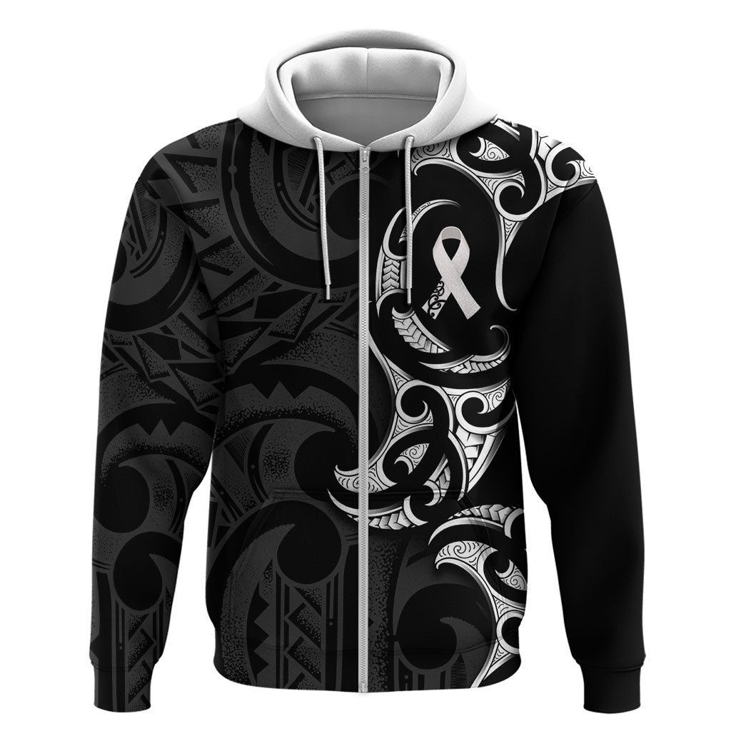 White Ribbon Day New Zealand Zip Hoodie Aotearoa Maori Pattern LT14 Zip Hoodie Black - Polynesian Pride