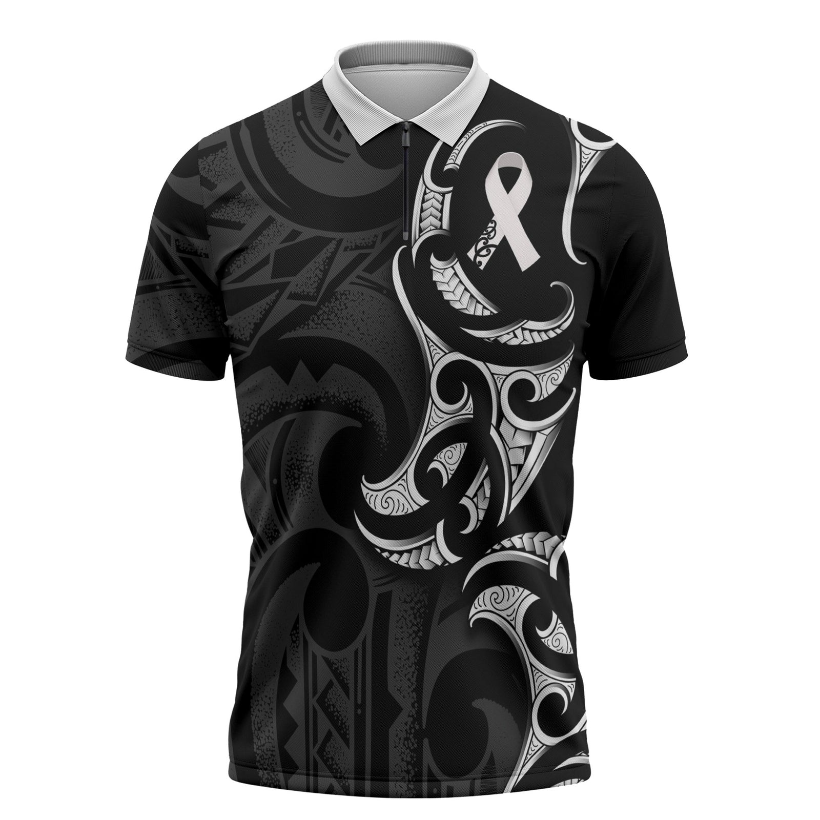 White Ribbon Day New Zealand Zipper Polo Shirt Aotearoa Maori Pattern LT14 Black - Polynesian Pride