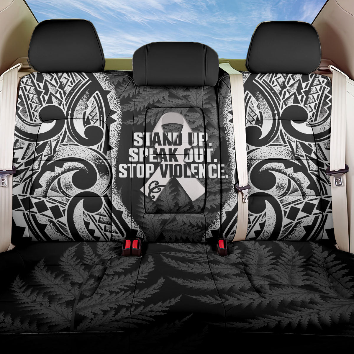 White Ribbon Day New Zealand Back Car Seat Cover Respect Women Maori Pattern Black LT14 One Size Black - Polynesian Pride