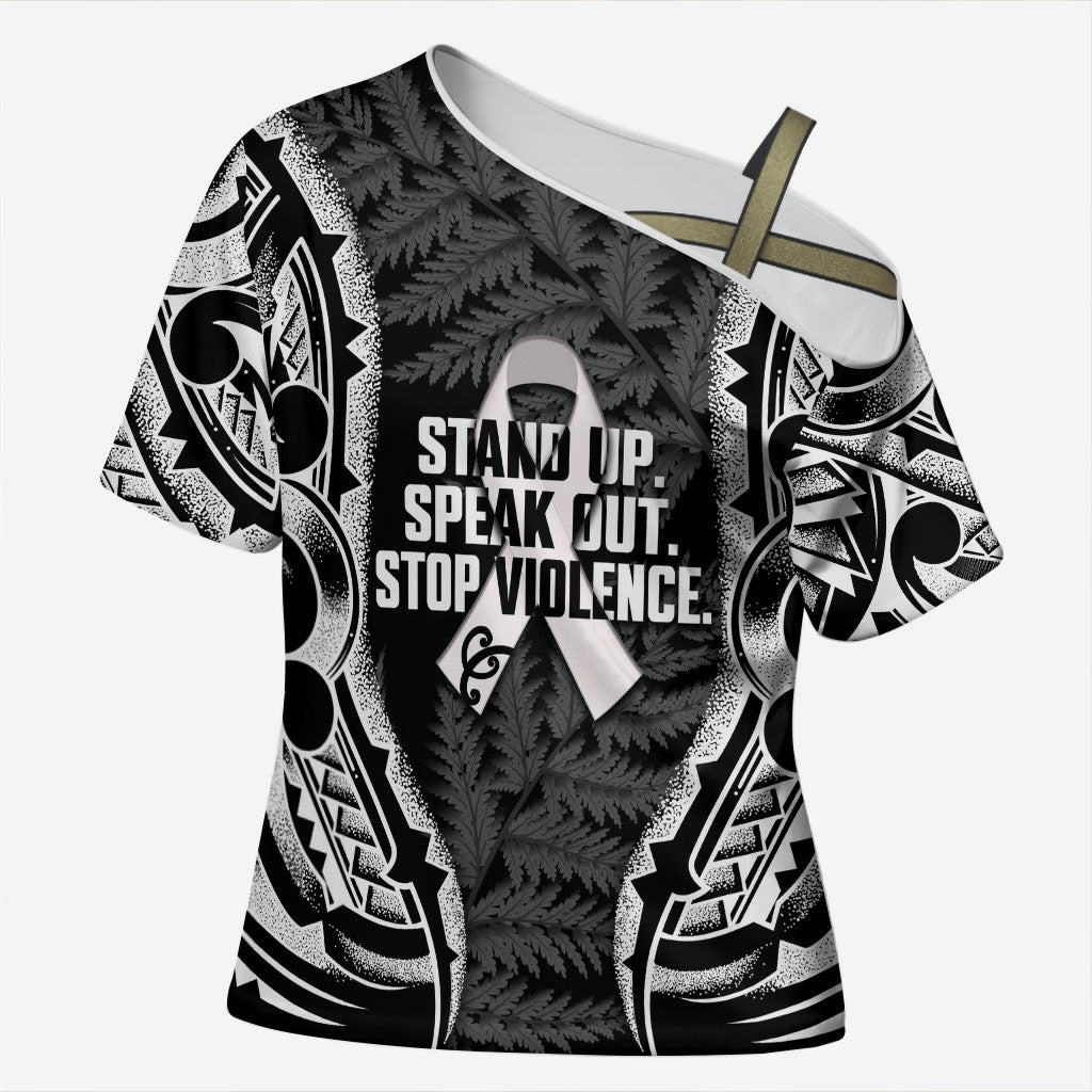 White Ribbon Day New Zealand Cross Shoulder Shirt Respect Women Maori Pattern Black LT14 Female Black - Polynesian Pride