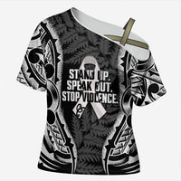 White Ribbon Day New Zealand Cross Shoulder Shirt Respect Women Maori Pattern Black LT14 Female Black - Polynesian Pride
