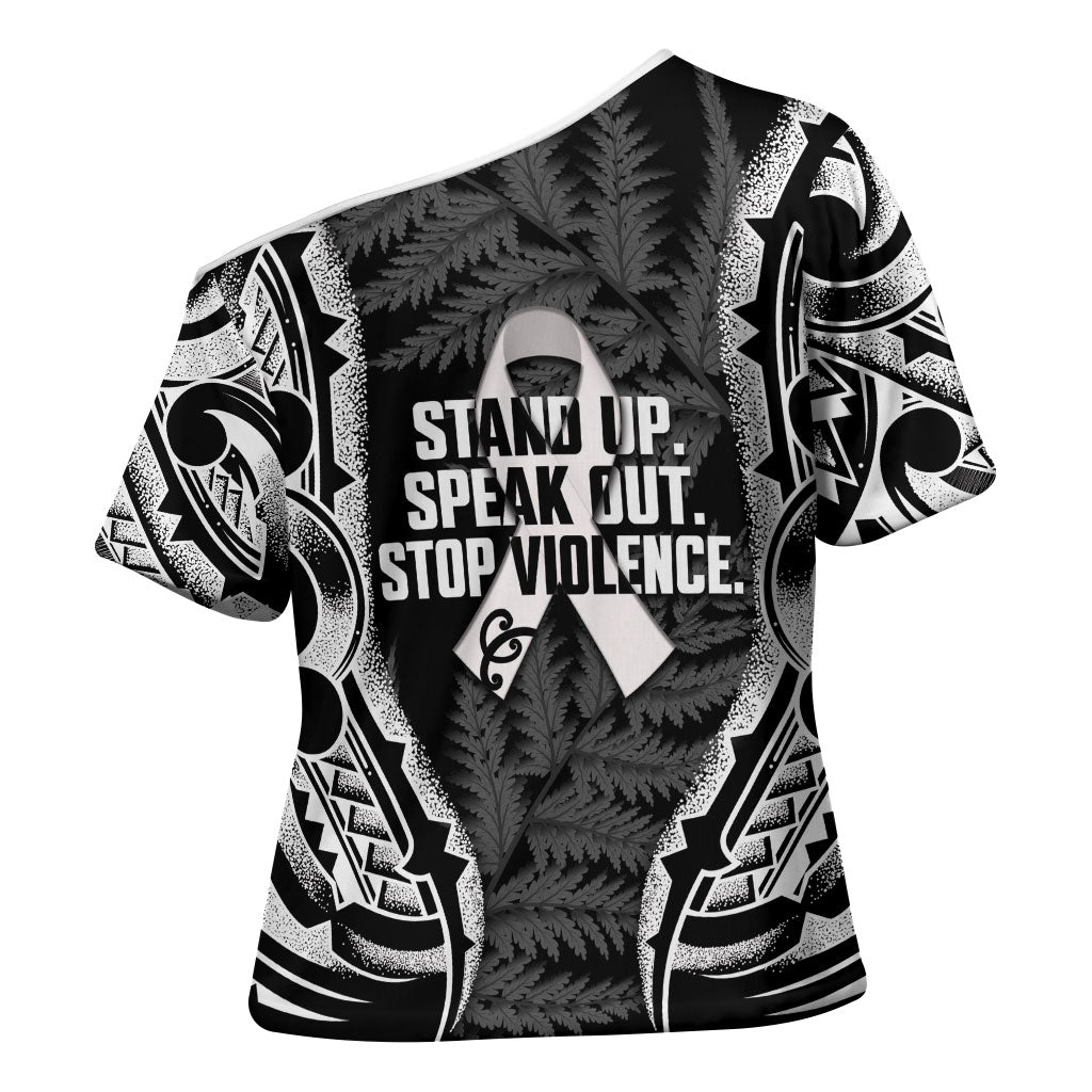 White Ribbon Day New Zealand Cross Shoulder Shirt Respect Women Maori Pattern Black LT14 - Polynesian Pride