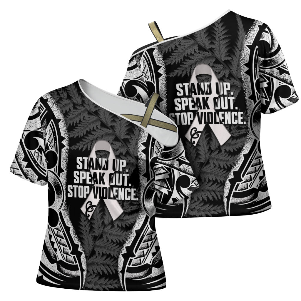 White Ribbon Day New Zealand Cross Shoulder Shirt Respect Women Maori Pattern Black LT14 - Polynesian Pride