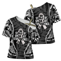 White Ribbon Day New Zealand Cross Shoulder Shirt Respect Women Maori Pattern Black LT14 - Polynesian Pride