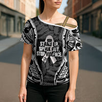White Ribbon Day New Zealand Cross Shoulder Shirt Respect Women Maori Pattern Black LT14 - Polynesian Pride