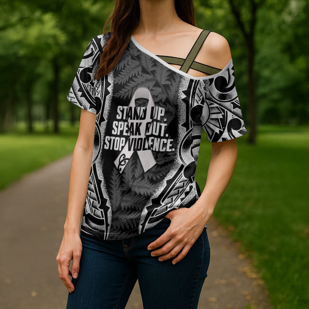 White Ribbon Day New Zealand Cross Shoulder Shirt Respect Women Maori Pattern Black LT14 - Polynesian Pride