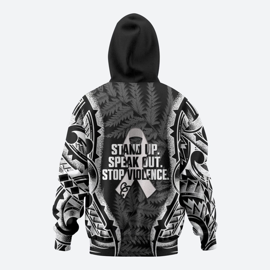 White Ribbon Day New Zealand Hoodie Respect Women Maori Pattern Black LT14 - Polynesian Pride