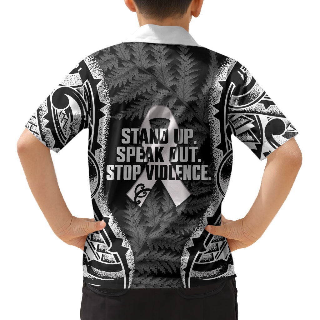 White Ribbon Day New Zealand Kid Hawaiian Shirt Respect Women Maori Pattern Black LT14 - Polynesian Pride