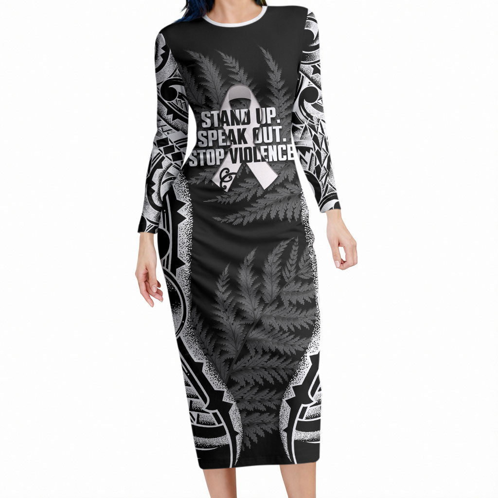 White Ribbon Day New Zealand Long Sleeve Bodycon Dress Respect Women Maori Pattern Black LT14 Long Dress Black - Polynesian Pride
