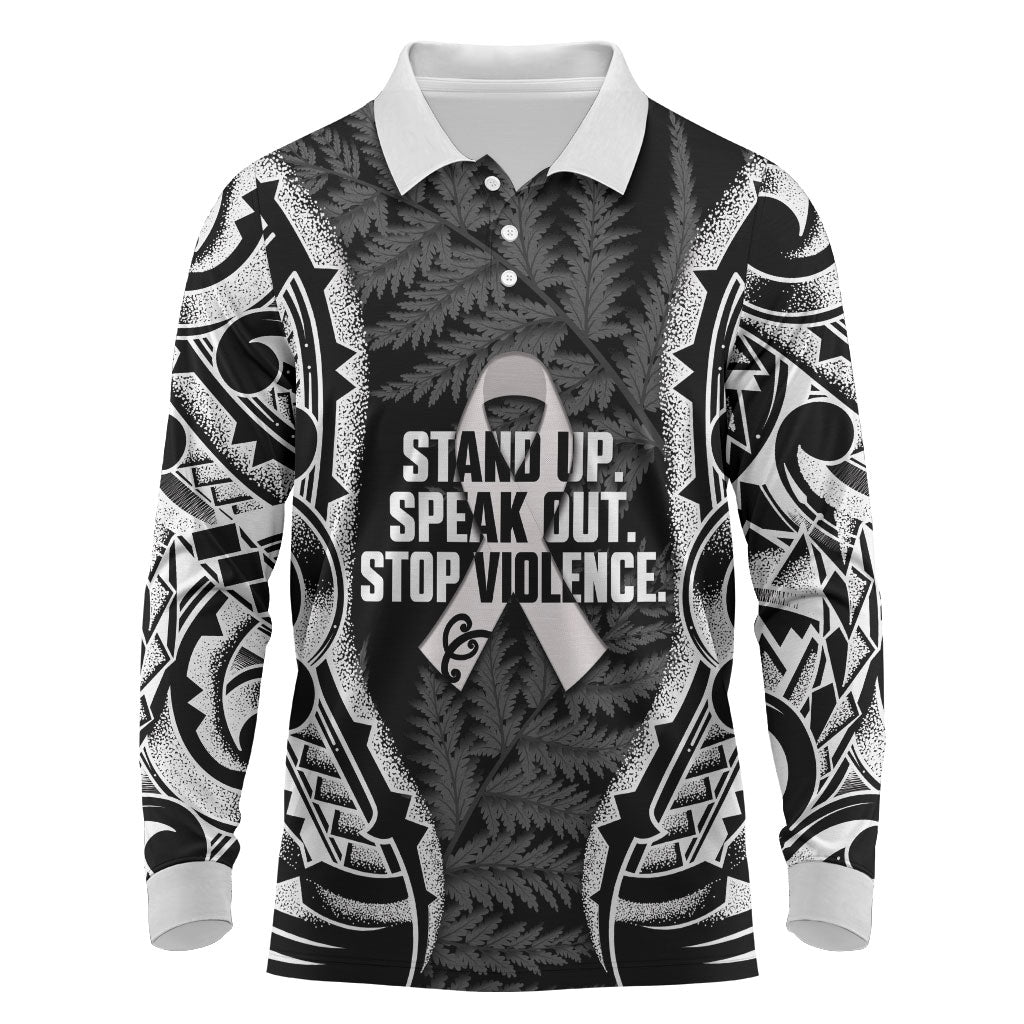 White Ribbon Day New Zealand Long Sleeve Polo Shirt Respect Women Maori Pattern Black LT14 Black - Polynesian Pride