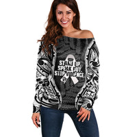 White Ribbon Day New Zealand Off Shoulder Sweater Respect Women Maori Pattern Black LT14 Women Black - Polynesian Pride