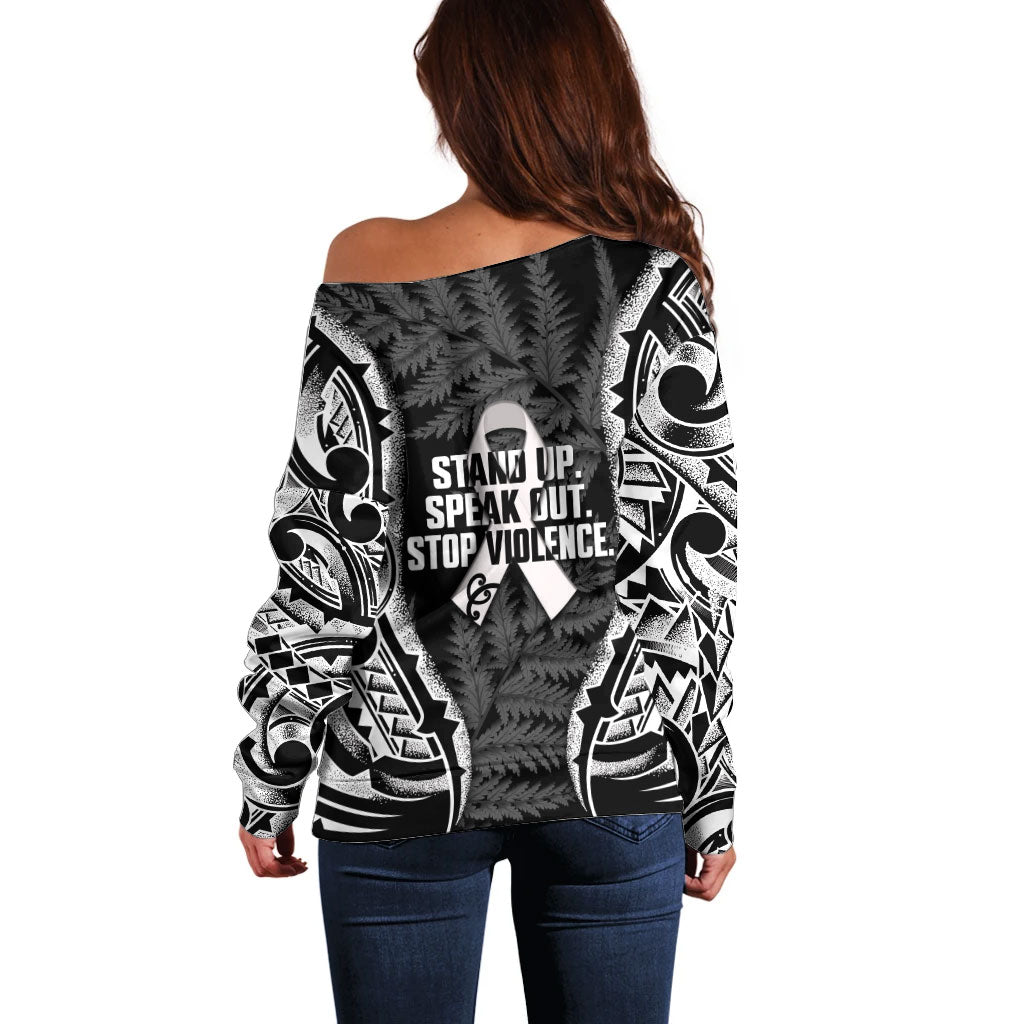 White Ribbon Day New Zealand Off Shoulder Sweater Respect Women Maori Pattern Black LT14 - Polynesian Pride