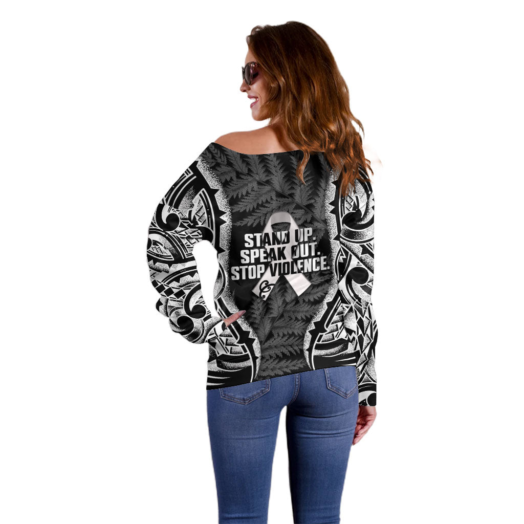 White Ribbon Day New Zealand Off Shoulder Sweater Respect Women Maori Pattern Black LT14 - Polynesian Pride