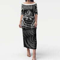 White Ribbon Day New Zealand Puletasi Respect Women Maori Pattern Black LT14 Long Dress Black - Polynesian Pride