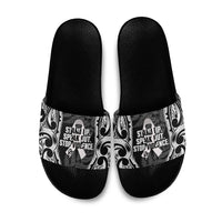 White Ribbon Day New Zealand Slide Sandals Respect Women Maori Pattern Black LT14 Black - Polynesian Pride