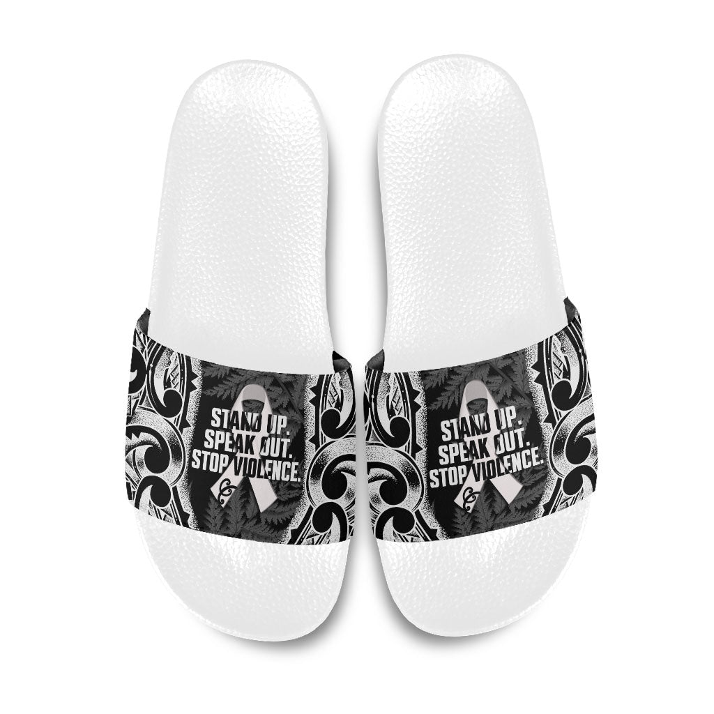 White Ribbon Day New Zealand Slide Sandals Respect Women Maori Pattern Black LT14 Black - Polynesian Pride