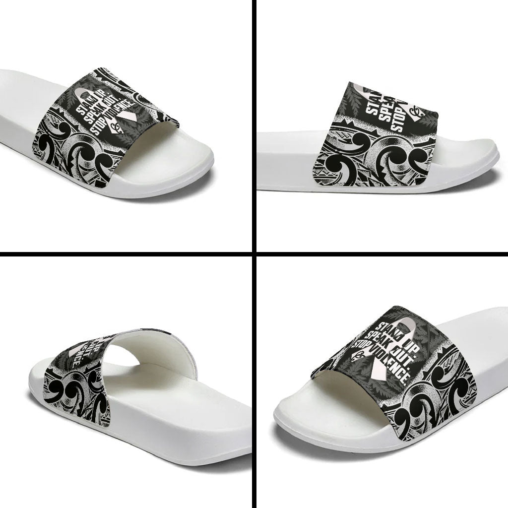 White Ribbon Day New Zealand Slide Sandals Respect Women Maori Pattern Black LT14 - Polynesian Pride
