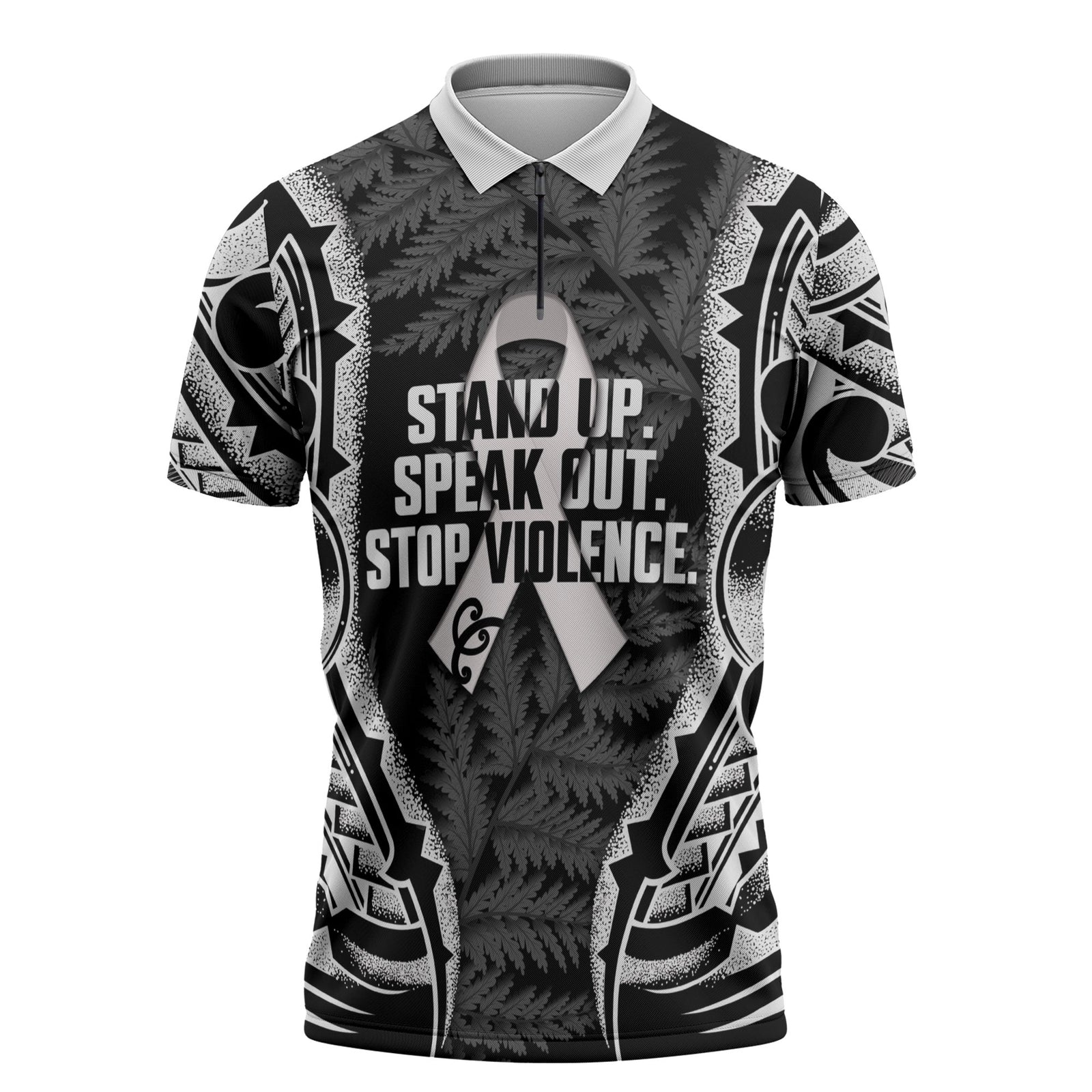 White Ribbon Day New Zealand Zipper Polo Shirt Respect Women Maori Pattern Black LT14 Black - Polynesian Pride