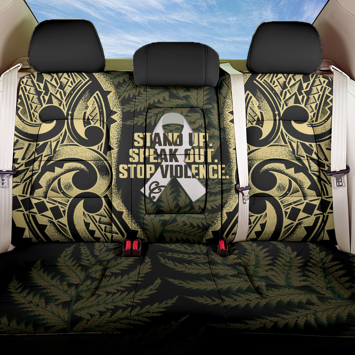 White Ribbon Day New Zealand Back Car Seat Cover Respect Women Maori Pattern Yellow LT14 One Size Yellow - Polynesian Pride