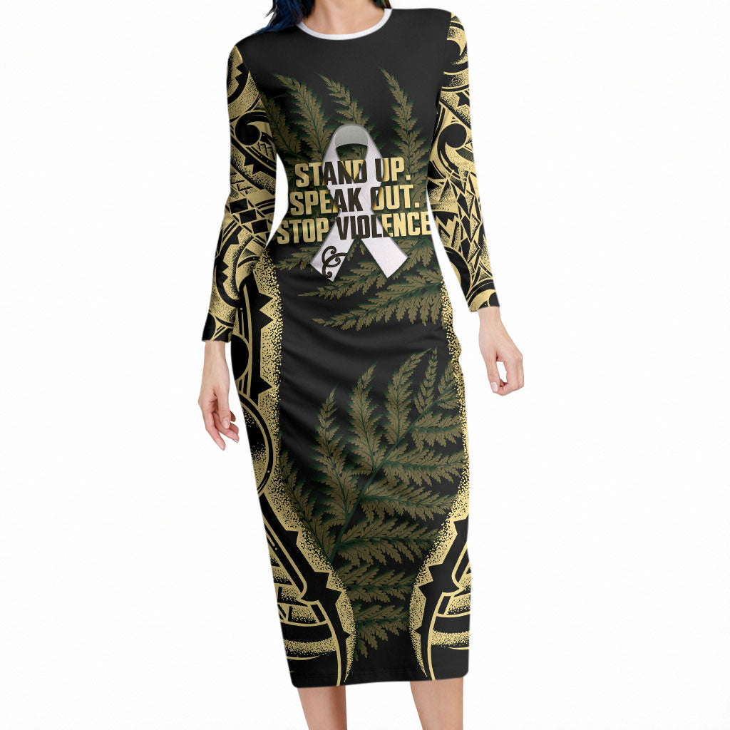 White Ribbon Day New Zealand Long Sleeve Bodycon Dress Respect Women Maori Pattern Yellow LT14 Long Dress Yellow - Polynesian Pride