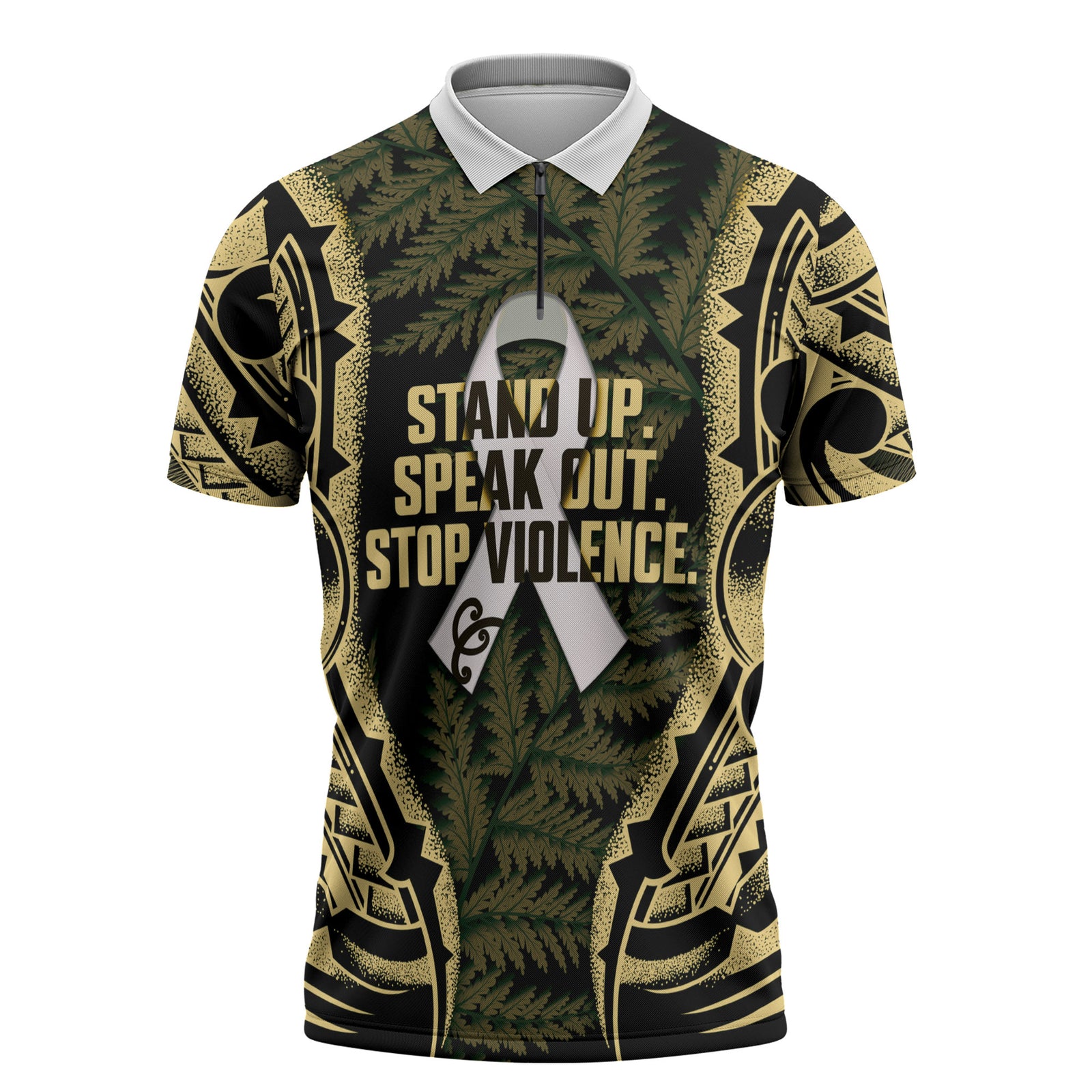 White Ribbon Day New Zealand Zipper Polo Shirt Respect Women Maori Pattern Yellow LT14 Yellow - Polynesian Pride