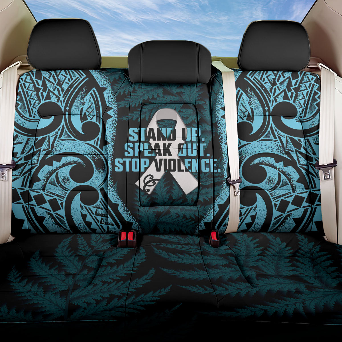 White Ribbon Day New Zealand Back Car Seat Cover Respect Women Maori Pattern Blue LT14 One Size Blue - Polynesian Pride