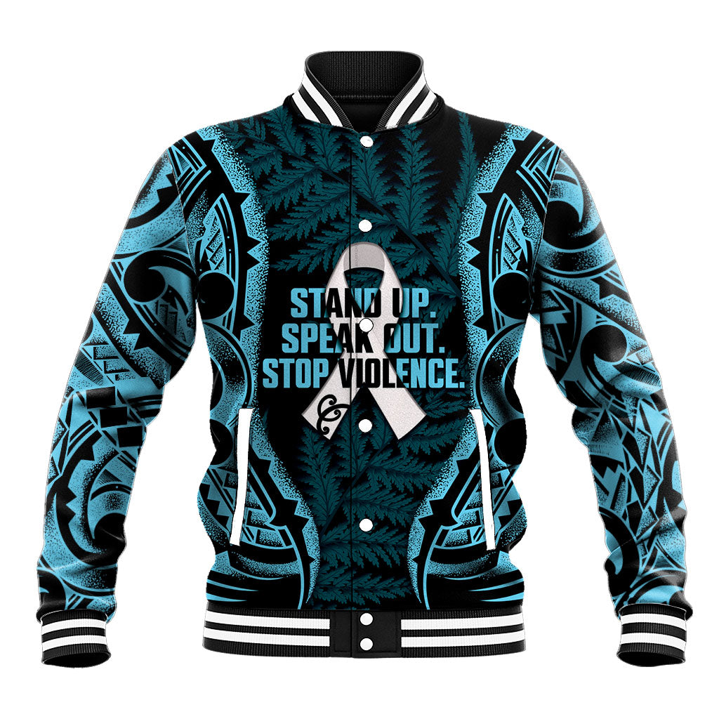 White Ribbon Day New Zealand Baseball Jacket Respect Women Maori Pattern Blue LT14 Unisex Blue - Polynesian Pride