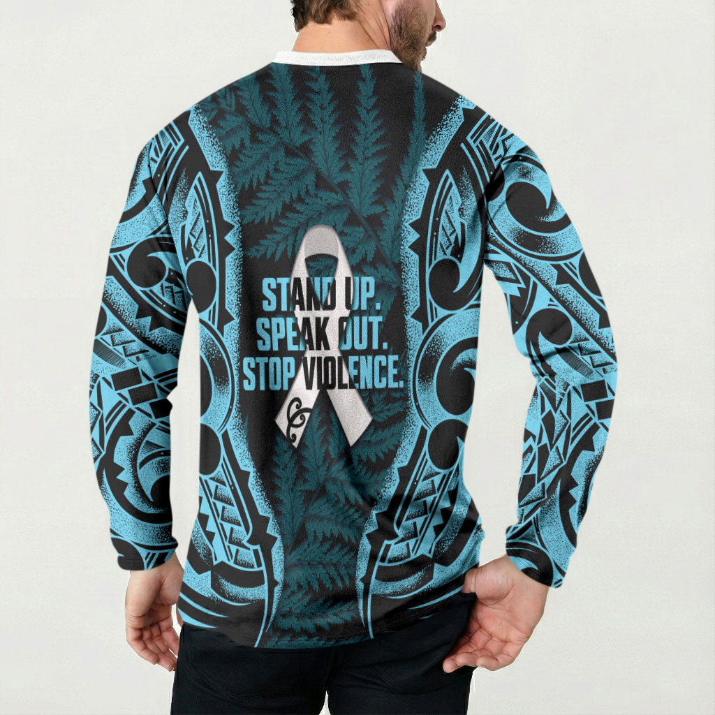 White Ribbon Day New Zealand Button Sweatshirt Respect Women Maori Pattern Blue LT14 - Polynesian Pride