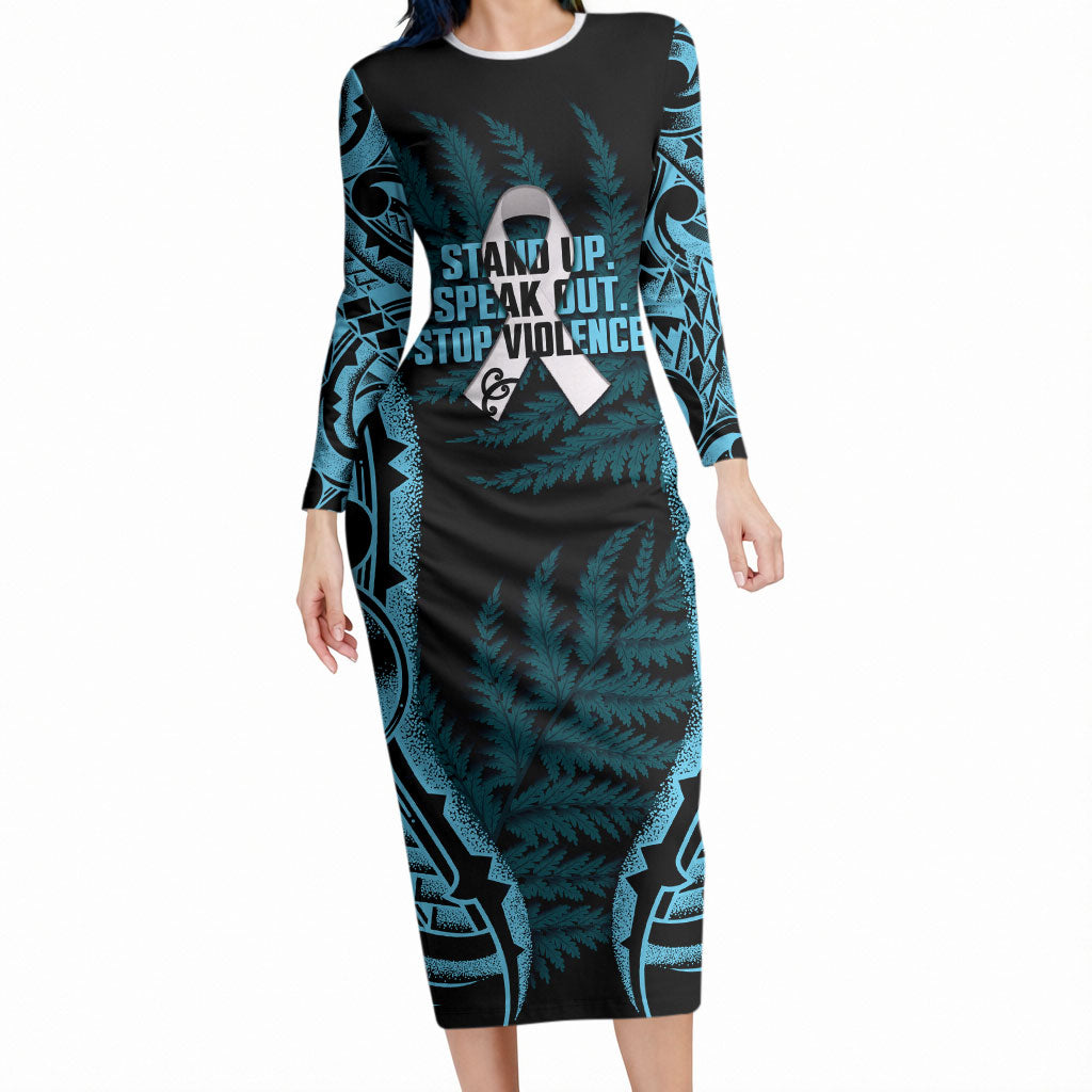 White Ribbon Day New Zealand Long Sleeve Bodycon Dress Respect Women Maori Pattern Blue LT14 Long Dress Blue - Polynesian Pride