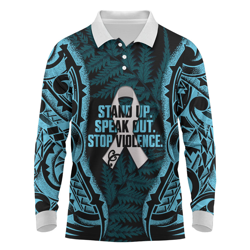 White Ribbon Day New Zealand Long Sleeve Polo Shirt Respect Women Maori Pattern Blue LT14 Blue - Polynesian Pride